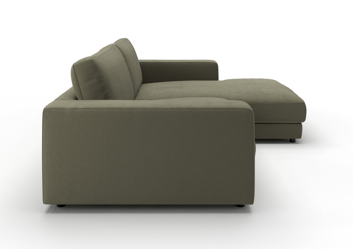 Skagen Ecksofa mit Longchair in Feincord Oliv, Longchair rechts – Seitenansicht