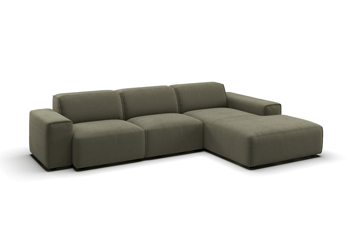 Lund Ecksofa mit Ottomane in Feincord Oliv, Ottomane rechts