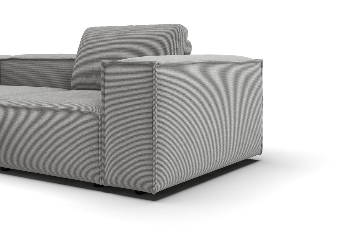 Bergen Ecksofa kompakt mit Longchair in Feincord Grau, Longchair links – Detail Armlehne