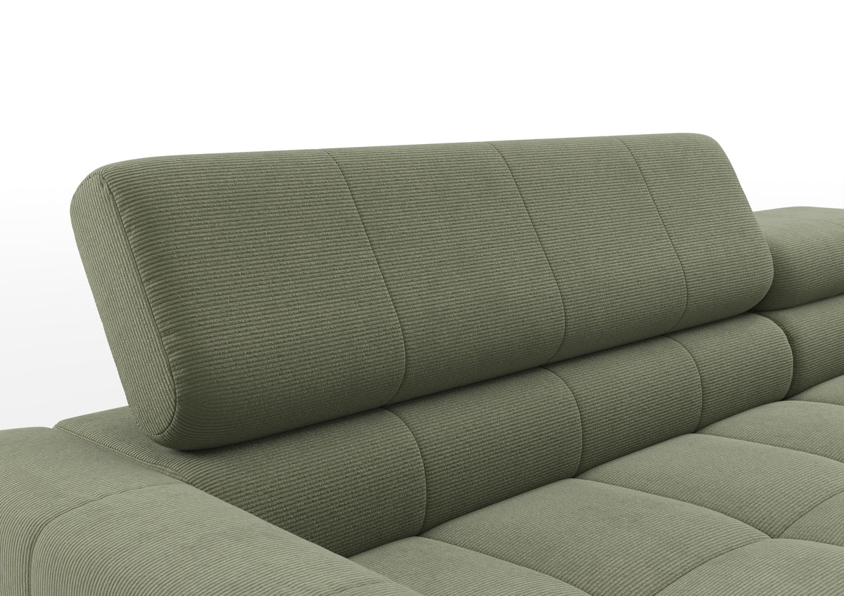 Kalmar Ecksofa mit Longchair in Feincord Oliv – Detail Kopfteil