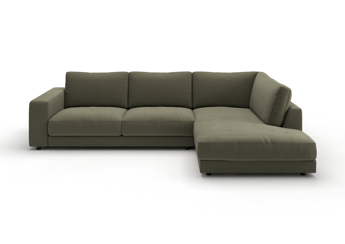 Skagen Ecksofa in L-Form in Feincord Oliv, Ecke rechts – Ansicht von vorn