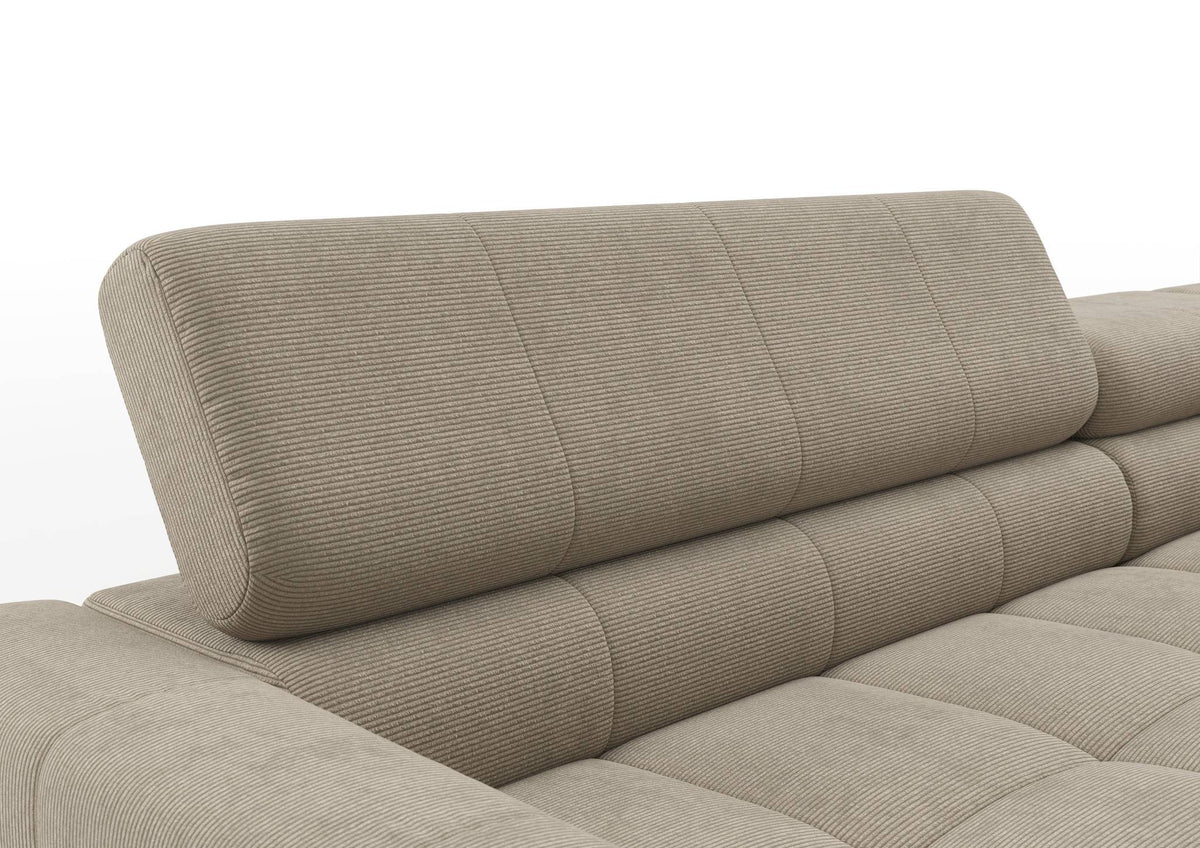 Kalmar Ecksofa in L-Form in Feincord Sand – Detail Kopfteil