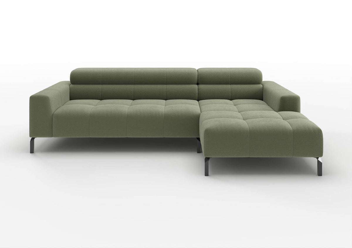 Kalmar Ecksofa mit Longchair in Feincord Oliv, Longchair rechts – Ansicht von vorn