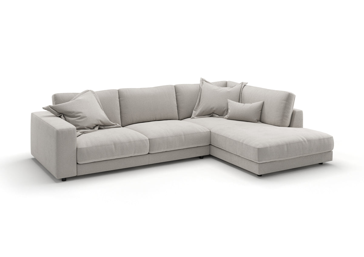 Skagen Ecksofa in L-Form in Feincord Weiß, Ecke rechts – mit Dekokissen