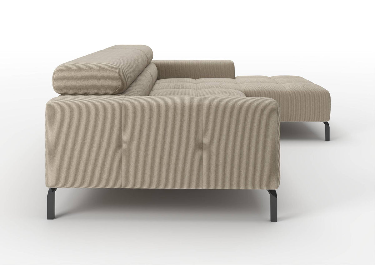 Kalmar Ecksofa mit Longchair in Feincord Sand, Longchair rechts – Seitenansicht