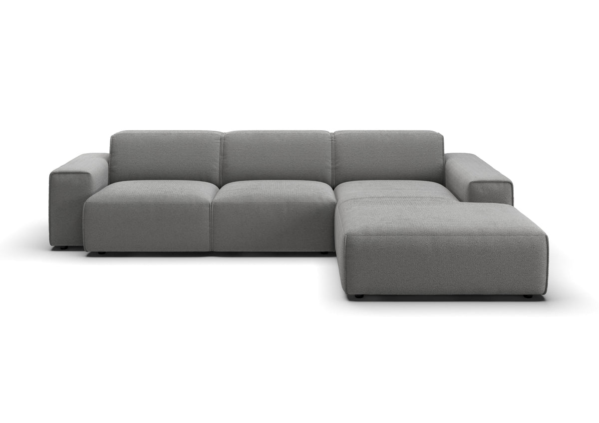 Lund Ecksofa mit Ottomane in Feincord Grau, Ottomane rechts – Ansicht von vorn