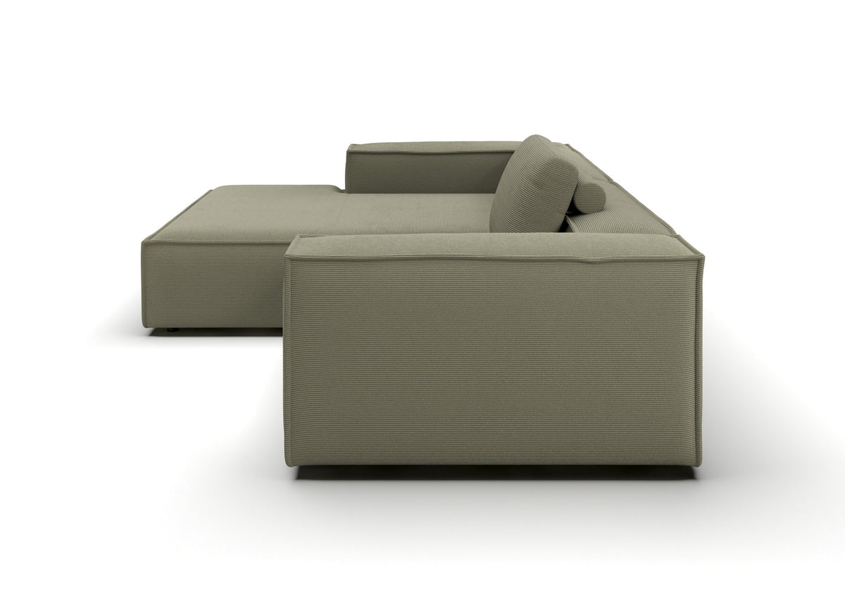 Bergen Ecksofa mit Longchair in Feincord Oliv, Longchair links – Seitenansicht