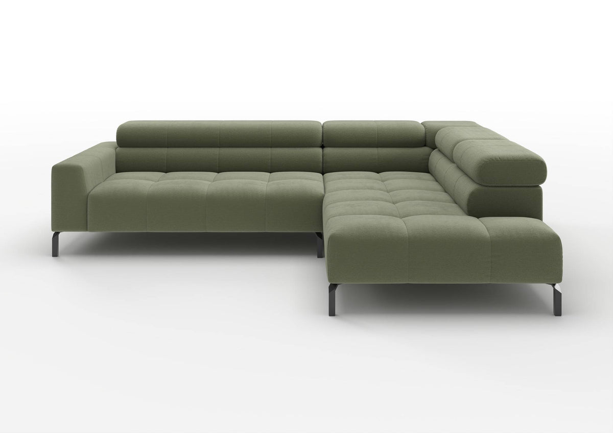 Kalmar Ecksofa in L-Form in Feincord Oliv, Ecke rechts – Ansicht von vorn