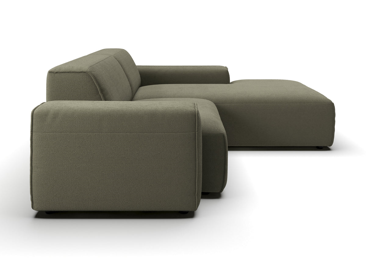Lund Ecksofa kompakt mit Ottomane in Feincord Oliv, Ottomane rechts – Seitenansicht