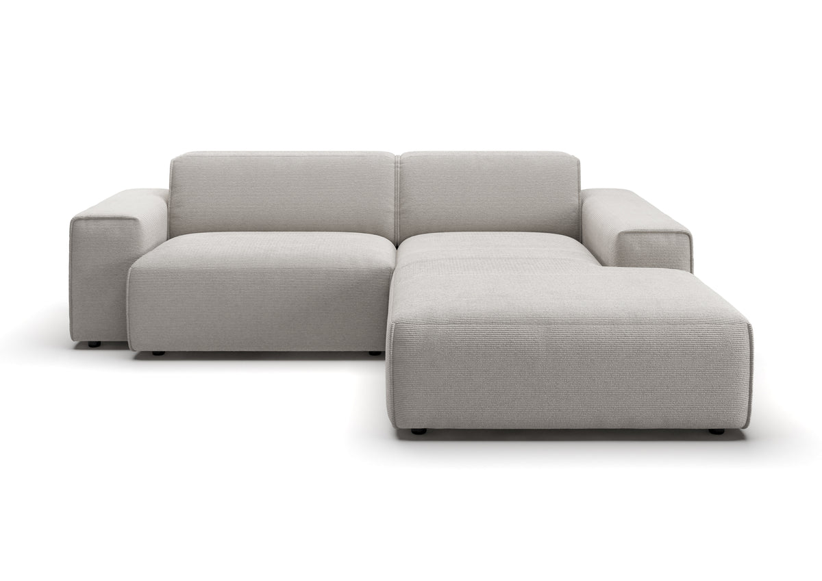 Lund Ecksofa kompakt mit Ottomane in Feincord Weiß, Ottomane rechts – Ansicht von vorn
