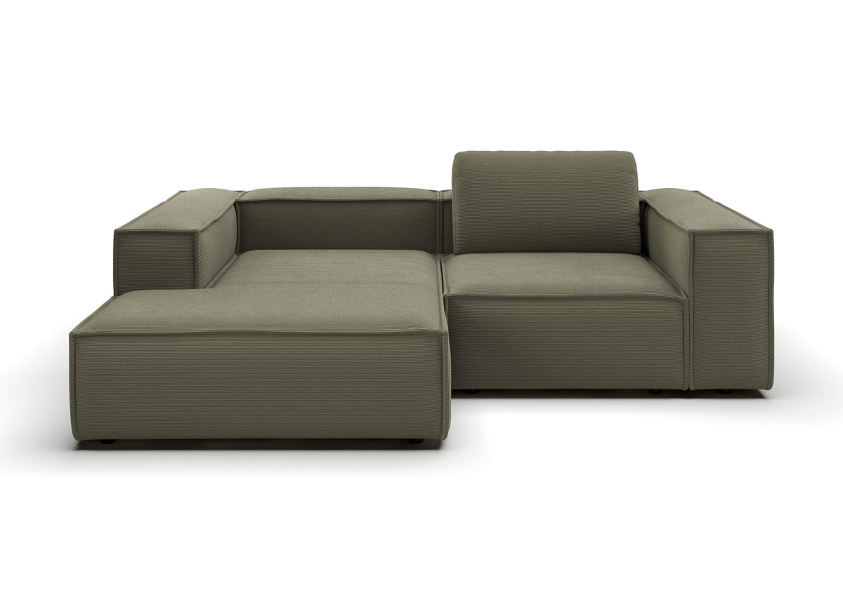 Bergen Ecksofa kompakt mit Longchair in Feincord Oliv, Longchair links – Ansicht von vorn