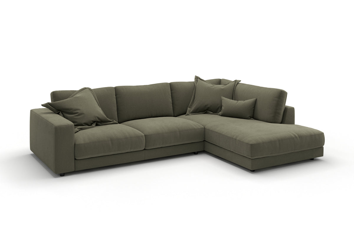 Skagen Ecksofa in L-Form in Feincord Oliv, Ecke rechts – mit Dekokissen