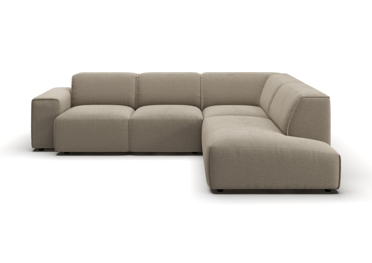 Lund Ecksofa in L-Form in Feincord Sand, Ecke rechts – Ansicht von vorn