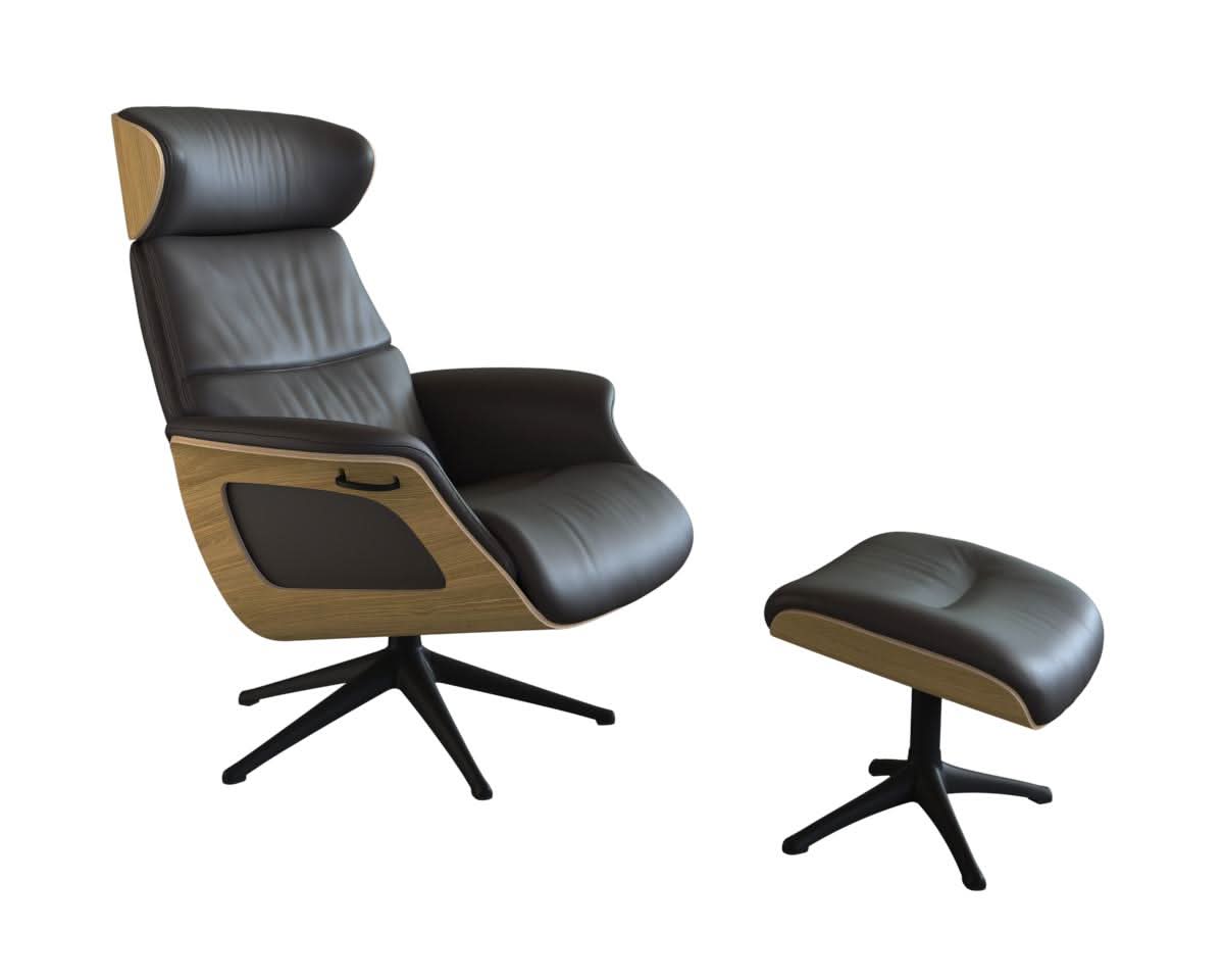 Clement Relaxsessel - Leder Savoy - Dark Brown Amaretto - separater Fußhocker - Eiche