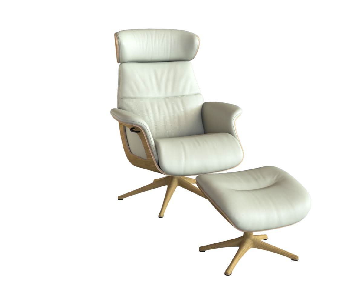 Clement Relaxsessel - Leder Savoy - Off White - separater Fußhocker - Eiche