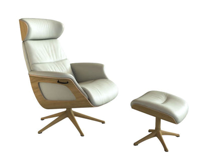 Clement Relaxsessel - Leder Savoy - Off White - separater Fußhocker - Eiche